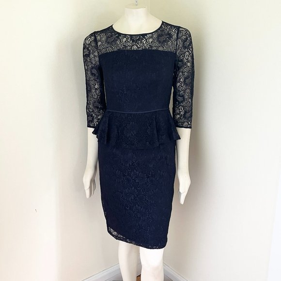 ADRIANNA PAPELL Silk Formal Dress Lace Peplum Waist Blue 3/4 sleeve Size 8 - Picture 3 of 13